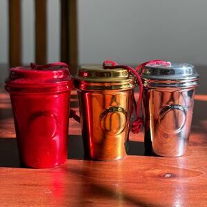 2014 Starbucks Holiday Christmas Ceramic Ornament Lot Red Gold Silver To Go Cup